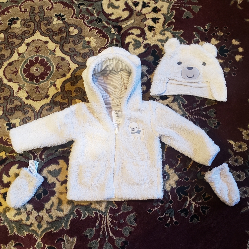 Carters 6-9 month fleece coat, hat and mittens